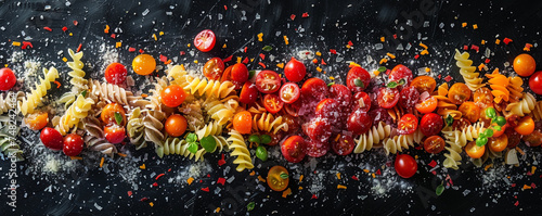 Juxtaposition of colorful fusilli pasta, cherry tomatoes, and Parmesan shavings on a pristine black backdrop. Top view space to copy.