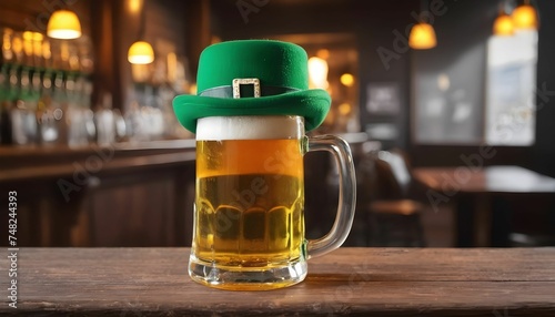 St. Patrick's Day, glass of beer and green hat on wooden bar in the pub background , bar pun background created with generative ai 