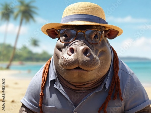 Portrait hippo with a straw hat and glasses on a beach. Generated with AI