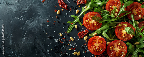 Sun-dried tomato halves, pine nuts, and arugula leaves creating a picturesque scene on a sleek black backdrop. Top view space to copy.