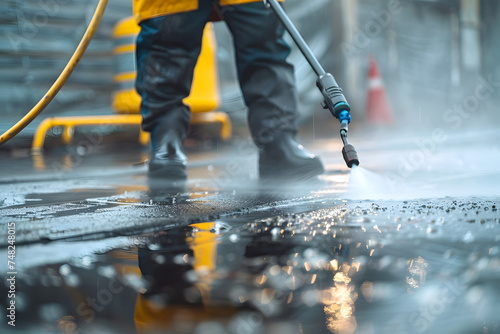 Deep cleaning under high pressure. Workers cleaning driveway with pressure washer, professional cleaning service, copy space