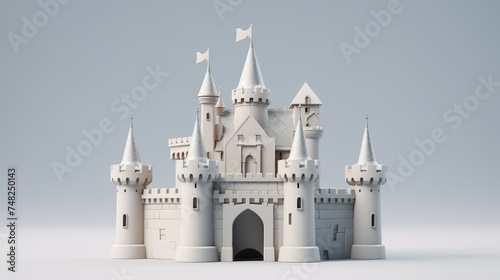 A 3D rendering of a fairytale castle. The castle is made of white stone and has six towers. The towers are topped with silver flags.