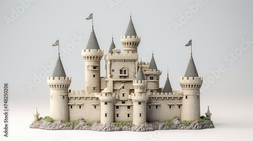 This is a 3D rendering of a majestic castle. The castle is made of gray stone and has six towers. The towers are topped with greenå°–é¡¶s.