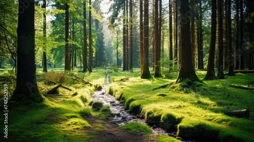 The lush green moss and towering trees of this beautiful forest create a magical atmosphere.