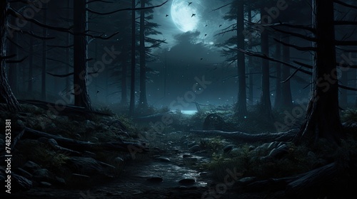 The full moon casts a silvery glow over the dark forest. A narrow path winds through the trees, leading to a mysterious clearing.