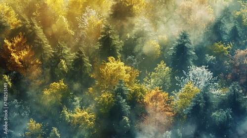 an isometric satellite image of an autumn forest glen, watercolor mist and dappled sunlight style