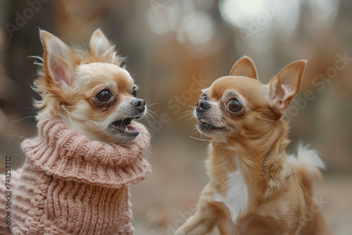 A feisty chihuahua with a tan coat and a pink sweater barking at a bigger dog.