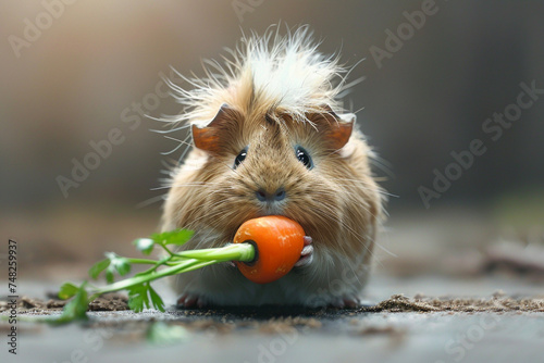 A funny guinea pig with a mohawk hairstyle and a carrot in its mouth.