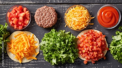 ingredients, including smashed burger patties, fresh lettuce, diced tomatoes, and shredded cheese, ready to assemble into Smash Burger Tacos