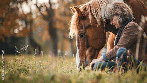 A female rider and her brown horse in a field, showcasing their friendship and love for one another.