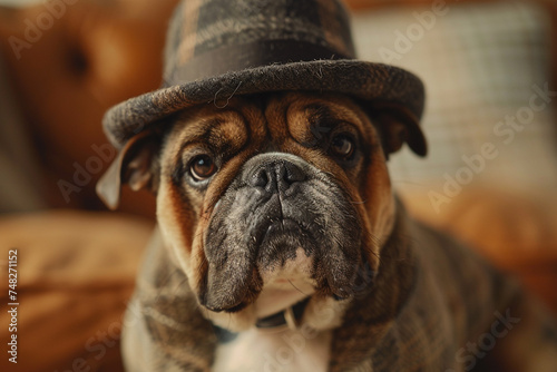 Stoic Bulldog with a bowler hat, exuding a sense of timeless coolness, captured with a Canon EOS for a mix of personality and clarity.