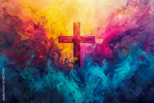 Abstract colorful painting of a cross symbolizing faith and spirituality amidst vibrant chaos. A fusion of art and belief in bright, emotive colors