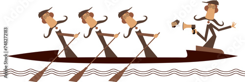 Boat, three oarsmen and quartermaster with megaphone. Kayak-paddling. Cartoon long mustache oarsmen and quartermaster with megaphone floating on the waves on a kayak boat 