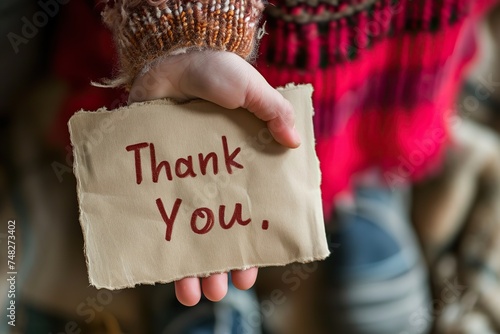 Hands of a child holding a card with thank you message. A close-up photograph of a child's hand holding a handwritten note that says "Thank You," emphasizing the simplicity and sincerity of gratitude.