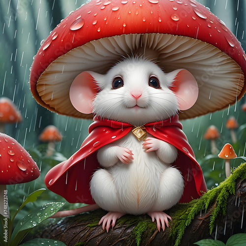 As the rain poured down in the forest, a small cartoon mouse found refuge under a large red caped mushroom. Seeking shelter from the storm, the mouse curled up underneath the mushroom, grateful for th