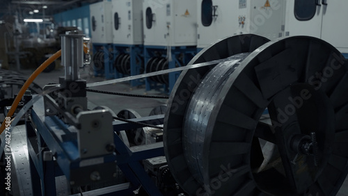 Metal long narrow sheets wraping on a bobbin. Creative. Large spool in a factory workshop, industrial background.