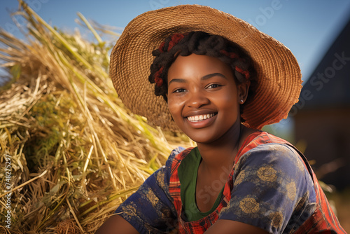 Young black women farmer smiling in a field. Young woman on the farm. Farmer at work. Agricultural profession. AI.