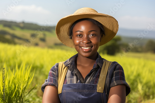 Young black women farmer smiling in a field. Young woman on the farm. Farmer at work. Agricultural profession. AI.
