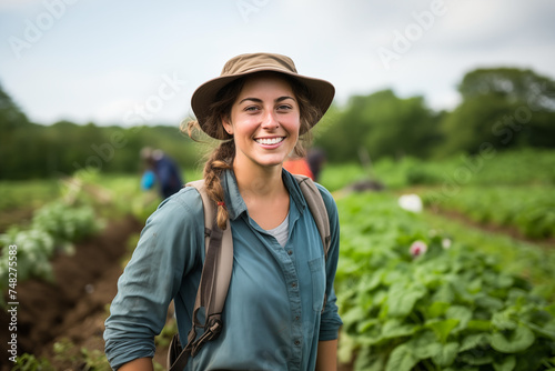 Young women farmer smiling in a field. Young woman on the farm. Farmer at work. Agricultural profession. AI.