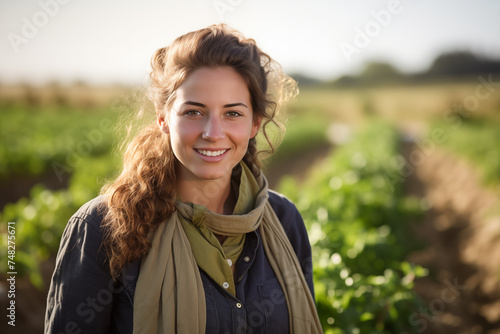 Young women farmer smiling in a field. Young woman on the farm. Farmer at work. Agricultural profession. AI.
