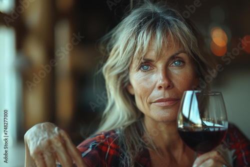 Lonely caucasian middle-aged woman holding wine glass holding hand on heart, suffering from loneliness and heartache, looking at the camera with a depressed expression. Health care, alcohol, emotional