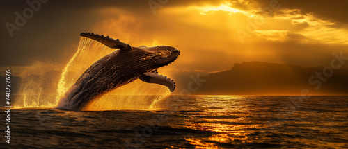 Baleia jubarte salta da água. Renderização 3D