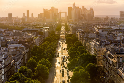 Panorama of Paris from above the La Defense district at sunset