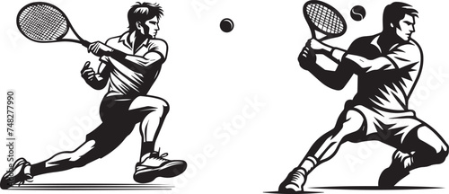 tennis player in action, dynamic silhouette, athletic man, minimalist black vector illustration