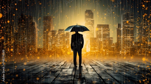 Market turbulence and financial crisis security concept as a volatile stock market with price volatility as a businessman holding an umbrella as a business symbol for wealth management