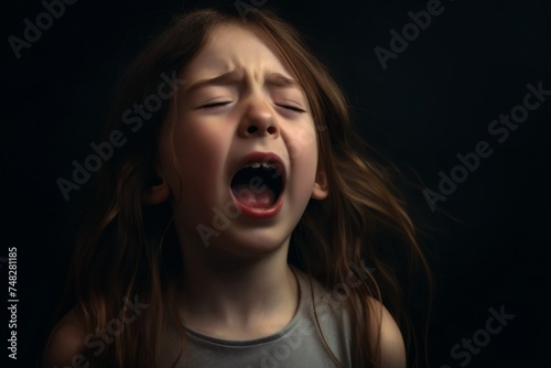 Cute little child crying on dark background. ?lose-up portrait of a screaming baby. Child shouting loud. Portrait of shocked, angry, emotional little girl screaming and crying against black background