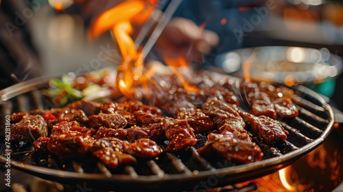 Juicy grilled beef skewers with flames - A tantalizing image capturing succulent beef skewers being grilled over open flames, perfect for food enthusiasts