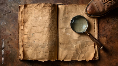 An opened old blank book, magnifying glass, detective hat, and shoes on a brown background evoke a retro, vintage English style, suggesting an evidence-searching concept with space for text