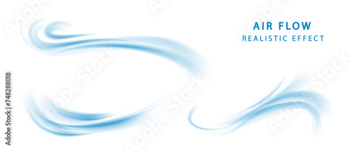 Blue air flow wave effect set. Waves showing a stream of clean fresh air. Png isolated and vector design element