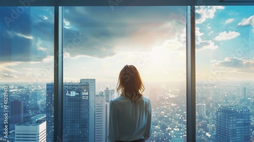 A reflective moment as a woman looks out over a bustling cityscape from the serenity of a high-rise building, evoking a sense of solitude and ambition