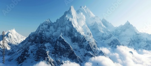 A vast mountain range pierces the clear blue sky, each peak capped with glistening white snow. The rugged terrain is blanketed in a pristine layer of snow, creating a stark contrast against the deep