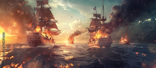 Pirate ship war at the open sea