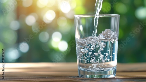 stream of clear sparkling water cascades into a transparent glass, creating a lively dance of bubbles against a soft, green bokeh background, embodying freshness and purity