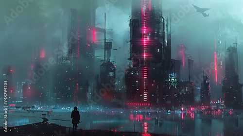 Cyberpunk Cityscape: Futuristic City Illustration with Neon Lights. Isolated Premium Vector. White Background