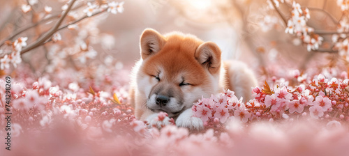 sleeping Akita dog on the sakura blossom background, spring time