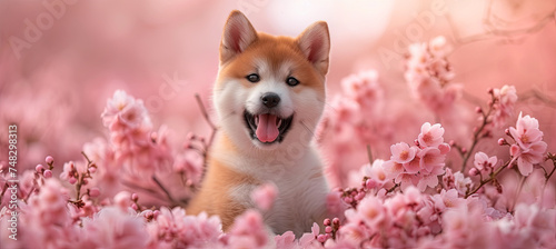 cute happy Akita dog on the sakura blossom background, spring time, pink flowers