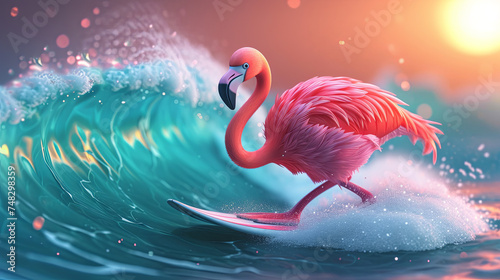 Cartoon character cute happy serfing flamingo on the wave in the ocean, concept of travel and relax 