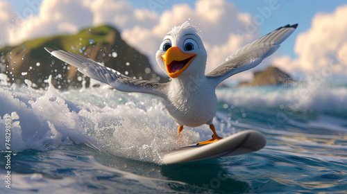 Cartoon character serfing seagull, concept of travel and relax