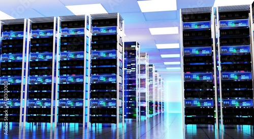 Modern server room, corridor in data centre with Supercomputers racks, neon lights and conditioners. . 3D rendering illustration