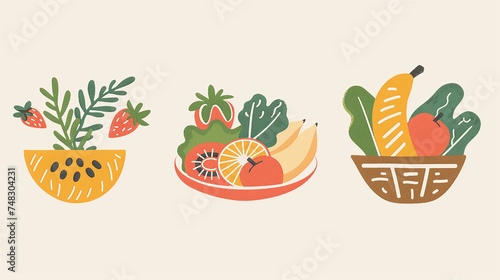 Various healthy food illustration such as a salad plate, a fruit basket, and a whole grain bread, emphasizing nutritious eating.