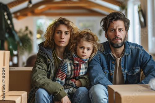 Sad stressed evicted family with little girl worried relocating house, facing forward, front shot, wide shot. Family sitting next cardboard boxes and ready to move to new house