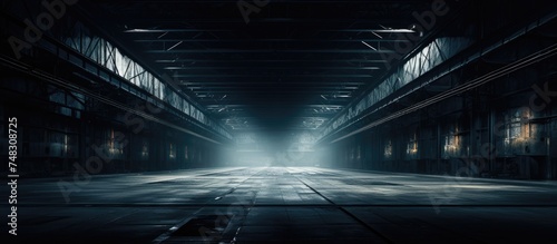 A dark tunnel stretches out in front, illuminated at the end by a faint light source. The tunnel is empty and industrial in nature, with concrete walls and a dimly lit atmosphere.