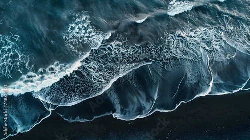 Black, volcanic beach, Aerial drone view of moody atlantic ocean wave on black sand beach in summer 