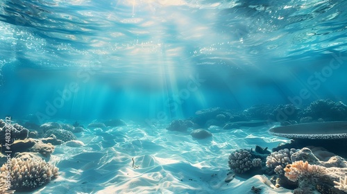 Tranquil sea water surface on a sunny day, Underwater sea in sunlight, tropical blue ocean underwater background