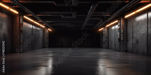 A dimly lit, modern underground parking lot with linear lighting and concrete walls.
