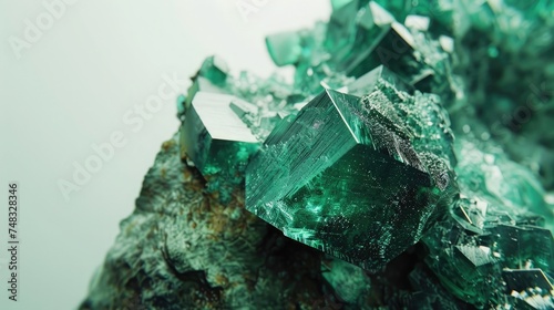 Macro emerald stone mineral in rock on white background close up